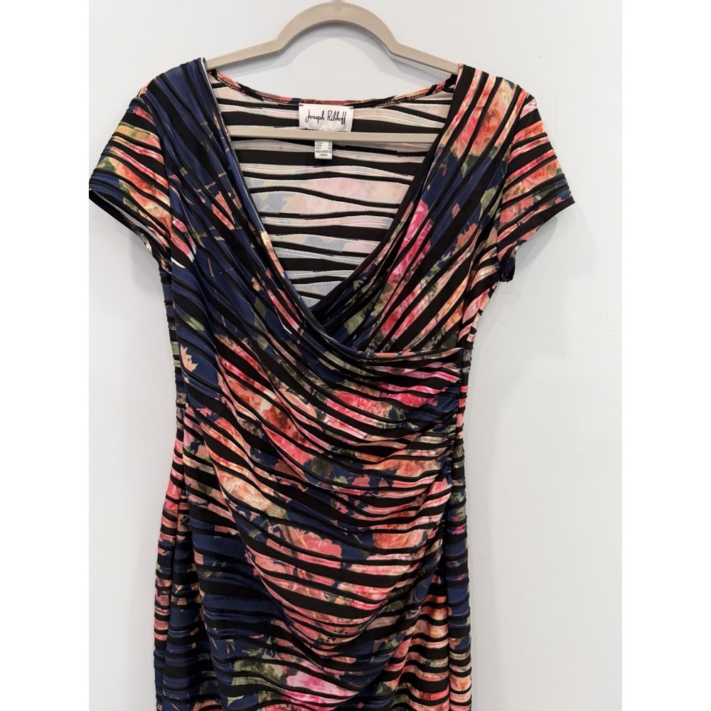 Joseph Ribkoff 6 Abstract Floral Stripe Ruched Draped Dress Short Sleeve V-Neck - Picture 3 of 9